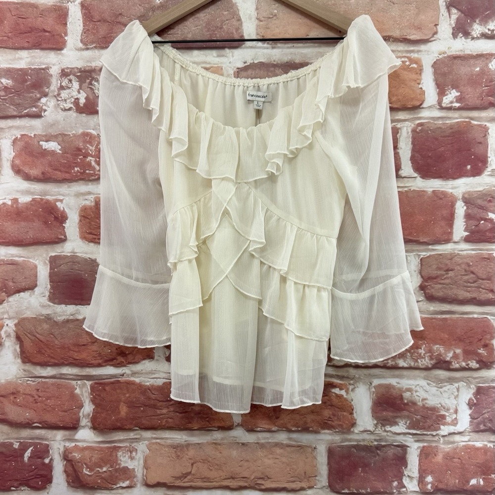 Francesca's Top Women's L Cream Chiffon Chic Ruffle Tiered Tie Back Waist Shirt
